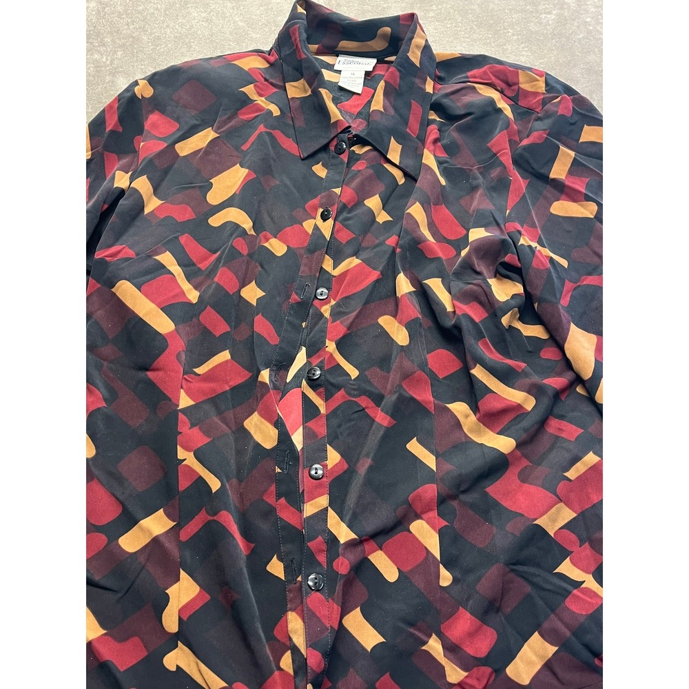 Modern Essentials Womens Abstract Geometric Button Down Blouse Red Gold Black 14